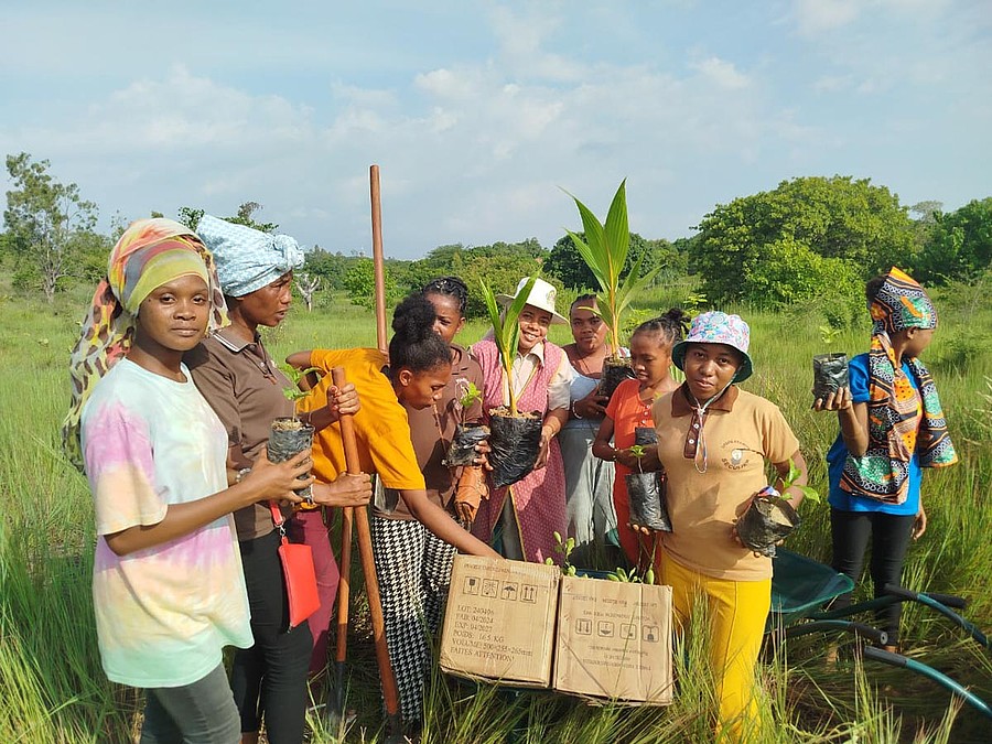 Foto: Eine Gruppe afrikanischer Frauen in bunter Kleidung auf einem grünen Feld.